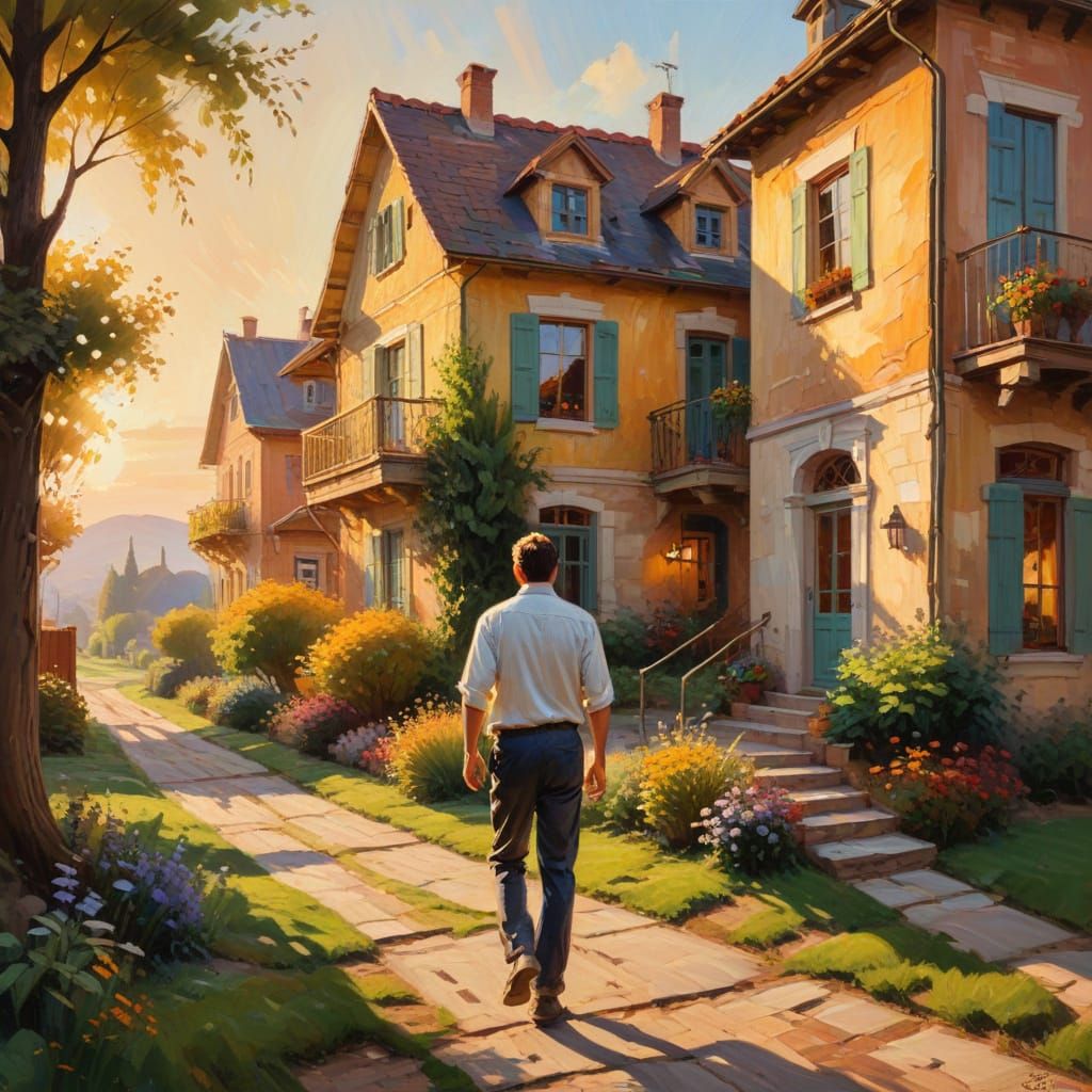Impressionist House with Man at Golden Hour