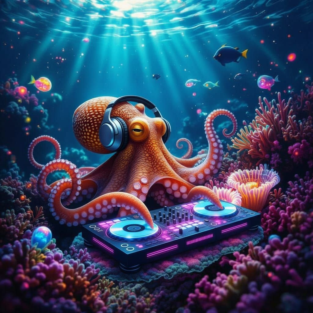 A curious octopus tending to a vibrant, alien coral garden in the deepest part of the ocean, using its tentacles to arrange glowing anemones...