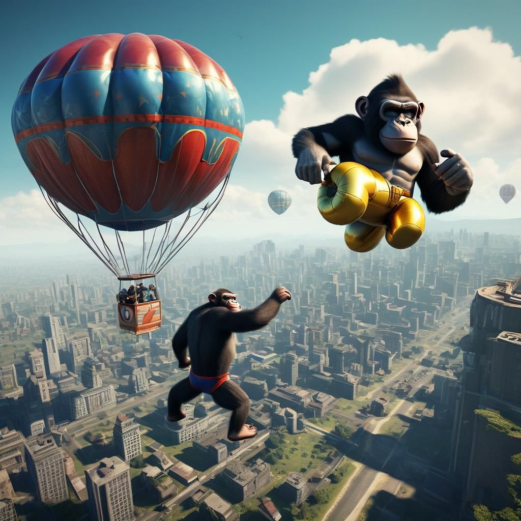 a superhero Monkey flying a hot air ballon / blimp retro fut...
