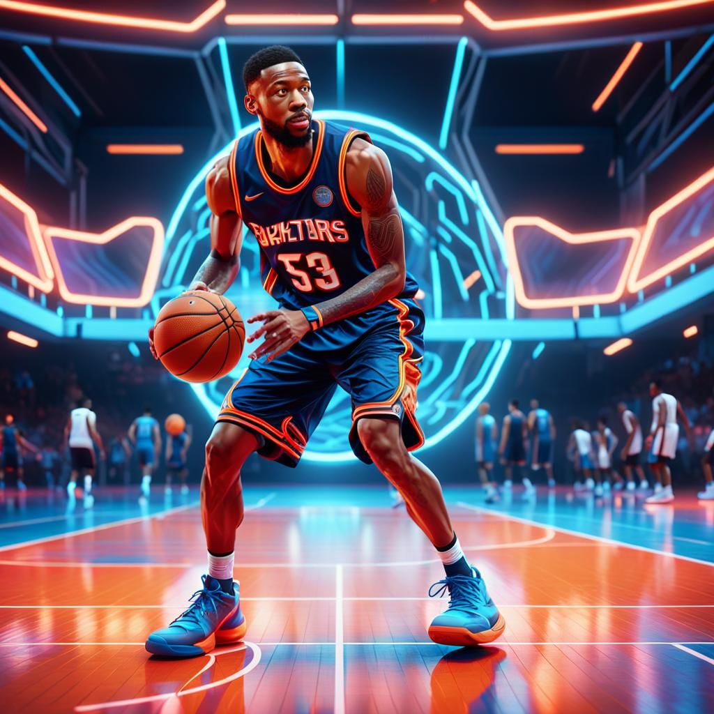 Basketball Player Dribbling in Neon Cyberpunk Arena