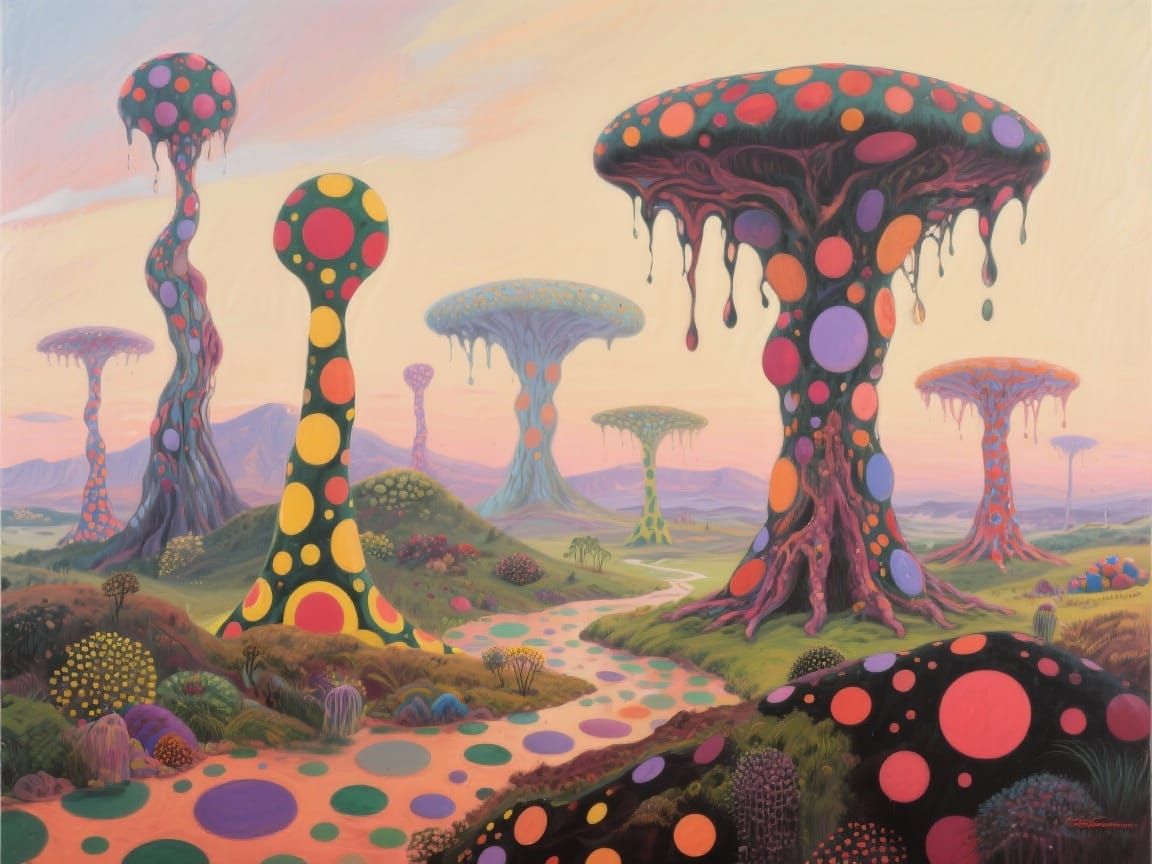 A surreal image of a strange landscape swaying in heavy wind and strange rain, bizarre and beautiful but mind bending, i...