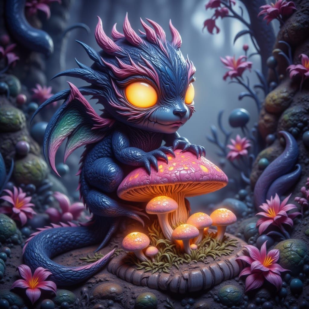 <lora:-Savagela-:1.0> a chibi dragon perched on a bioluminescent mushroom