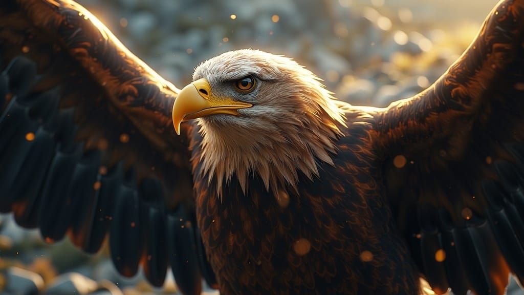 <lora:MJ6 CinematicFlux:1.0> A close-up portrait of a majestic eagle in fligh, in the style of Alex Alemany, illustration epic scene, volum...