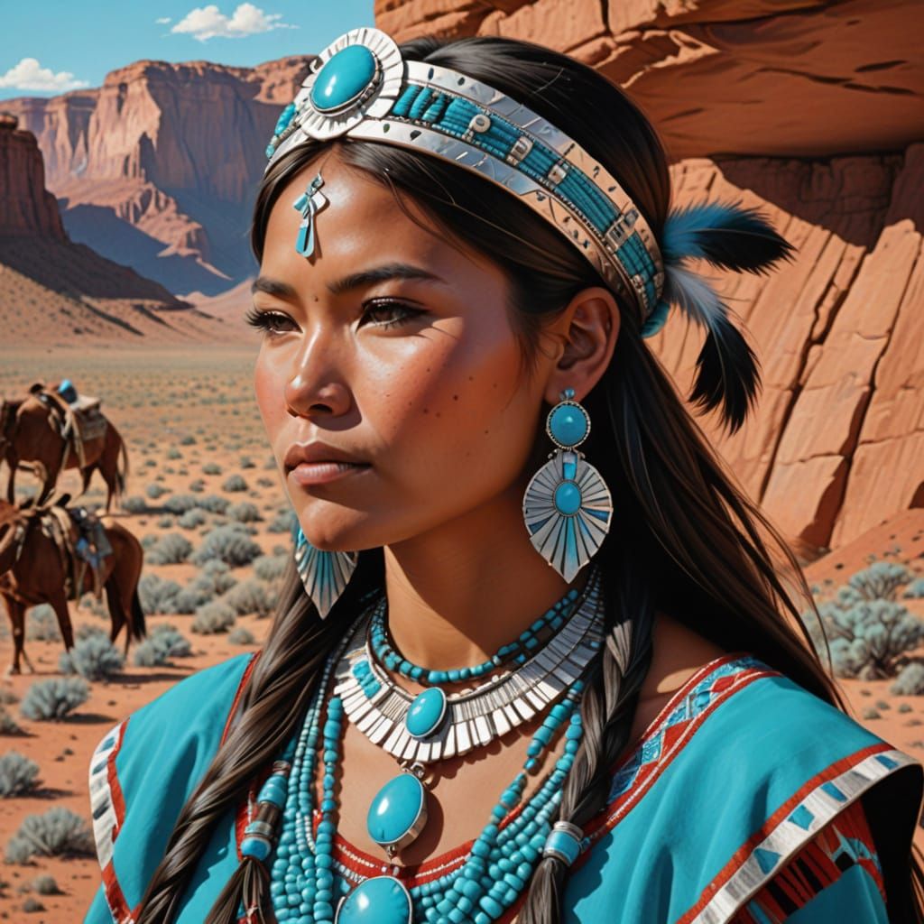 hyperrealistic Navajo princess wearing beautiful turquoise jewelry  by @SirGayle