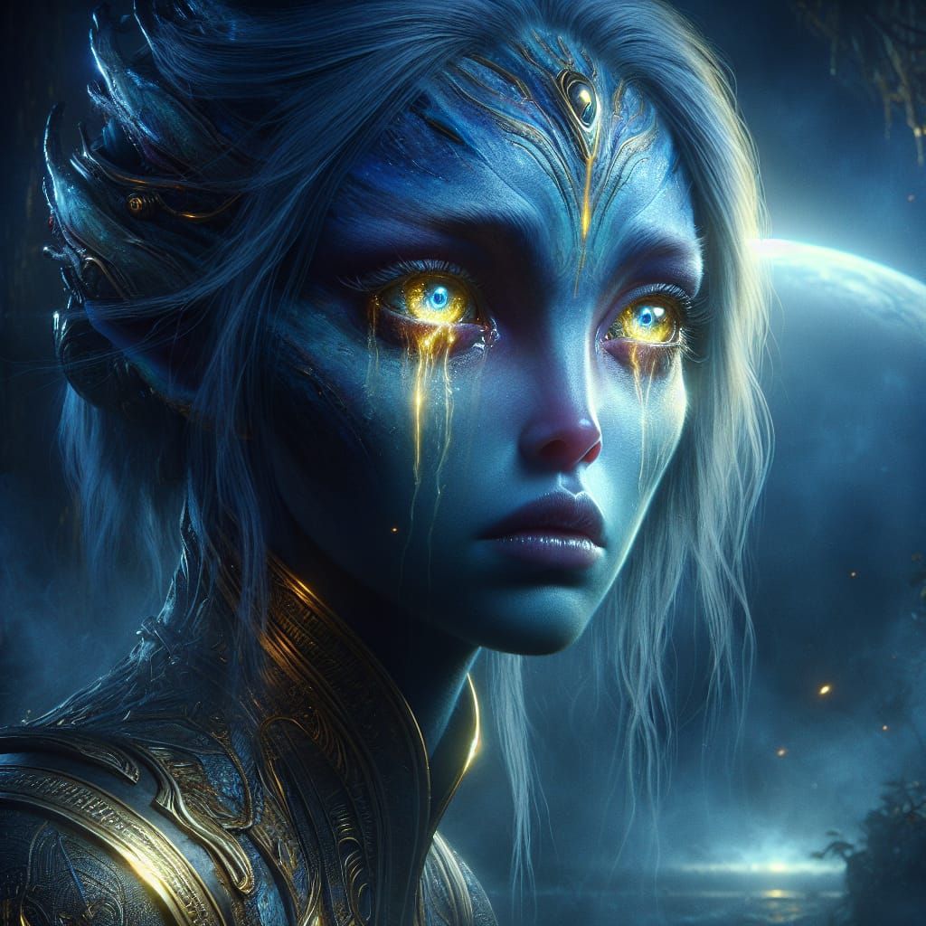 A blue skinned female alien with golden eyes weeps over the ...