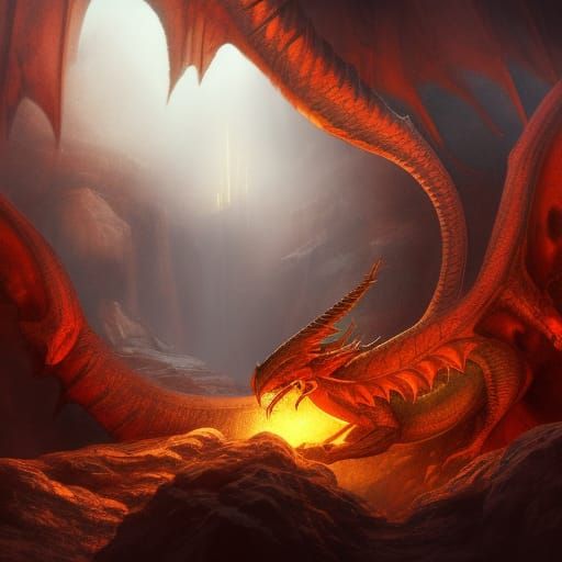 Red dragon sitting on pile of golden treasure in a cave with waterfalls ...