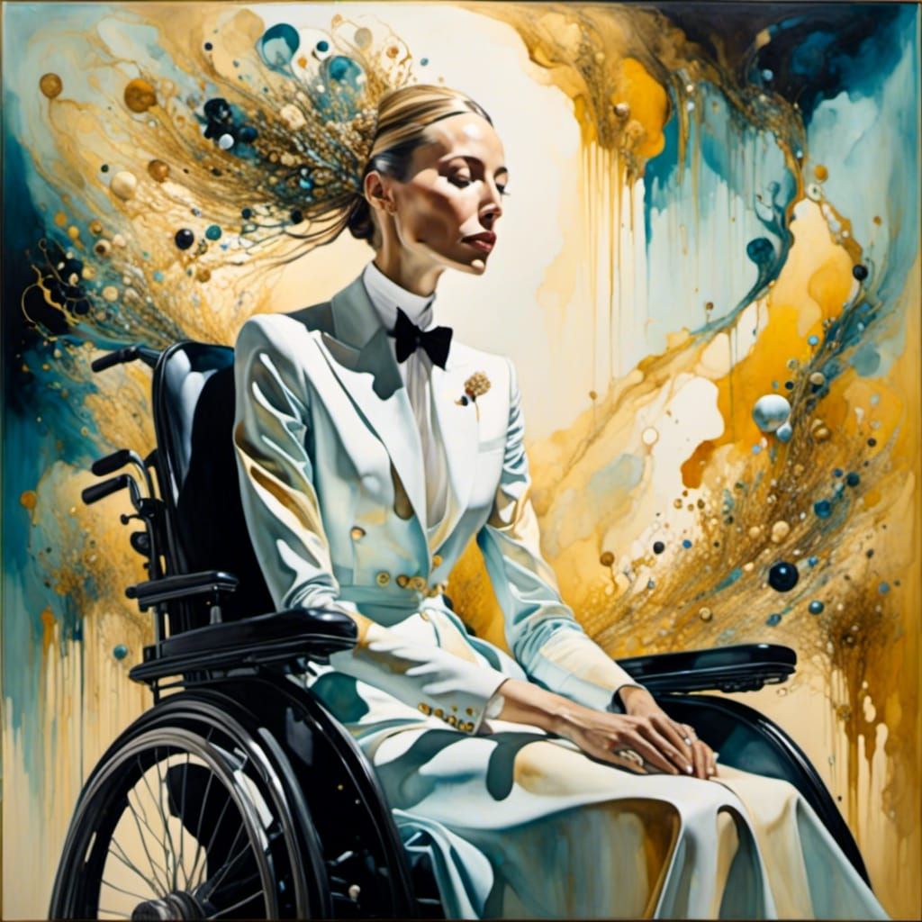 Surreal portrait of a woman using an electric wheelchair, alcohol ink and watercolor  <lora:Surreal mobility art:1.0>