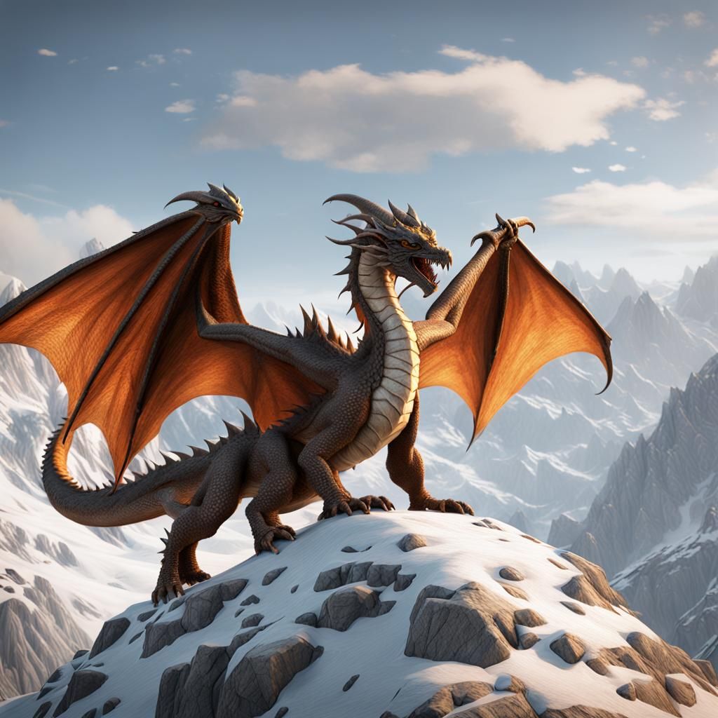A dragon with large wings sitting on a snowy mountain