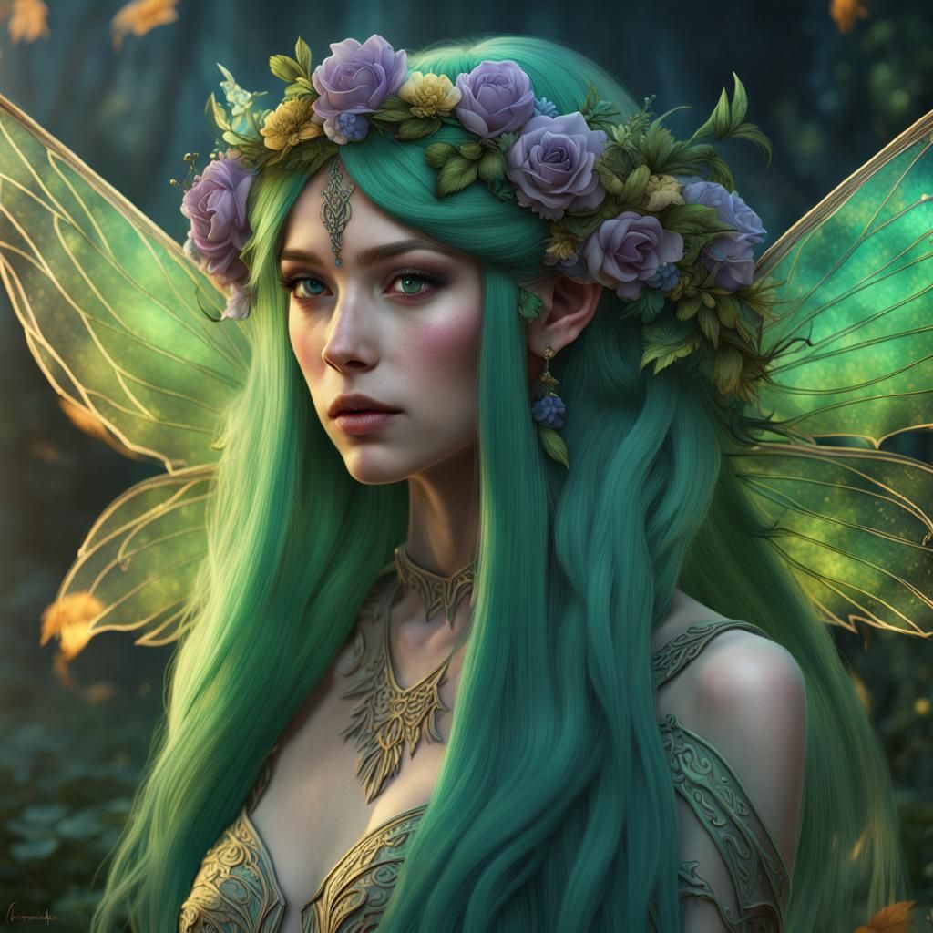 Fairy girl with long green hair with flowers in her hair, and big ...