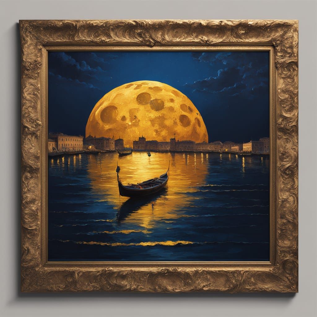 Ultra-detailed cinematic fantasy night scene of Venice illuminated by an enormous golden full moon dominating the sky. The moon’s glowing su...