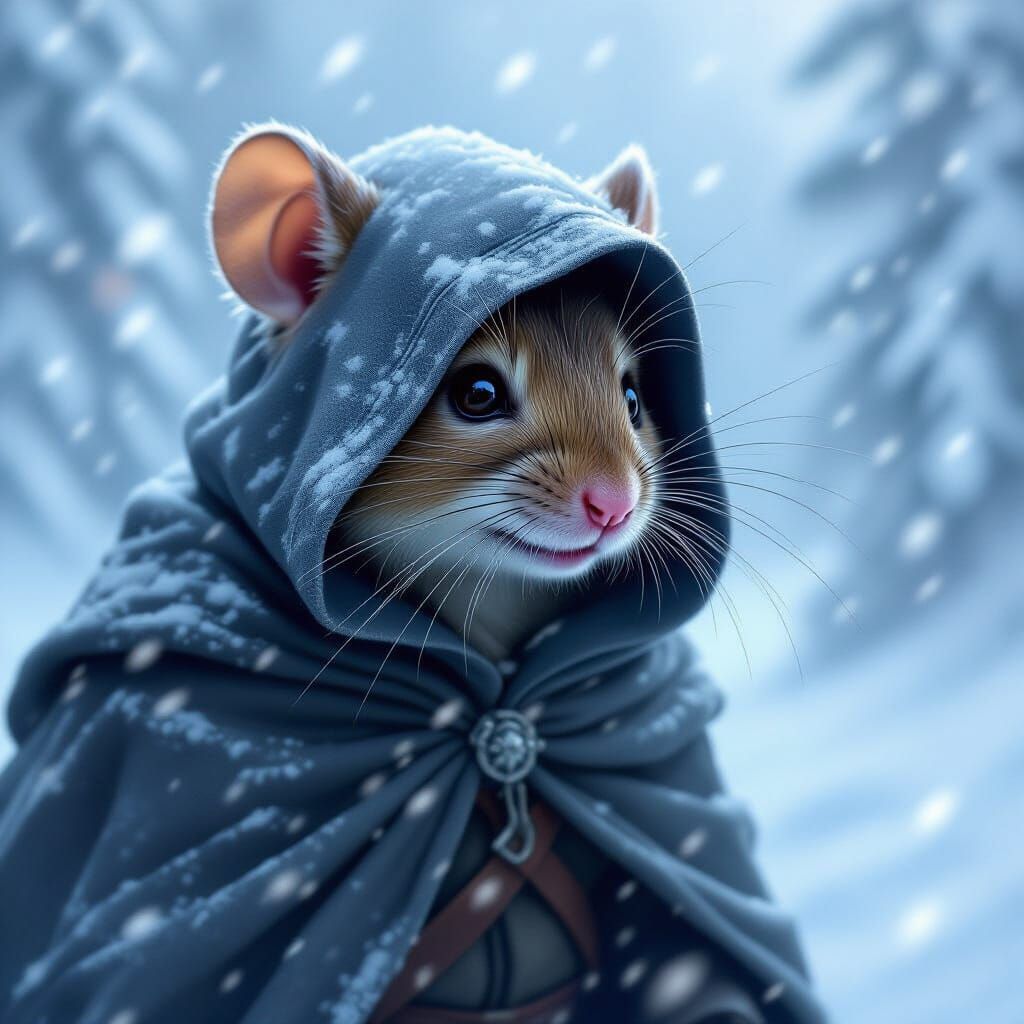 Close-up portrait of Finn, an anthropomorphic mouse in a gray hooded cloak, standing in a raging snowstorm. His face shows pain and exhausti...