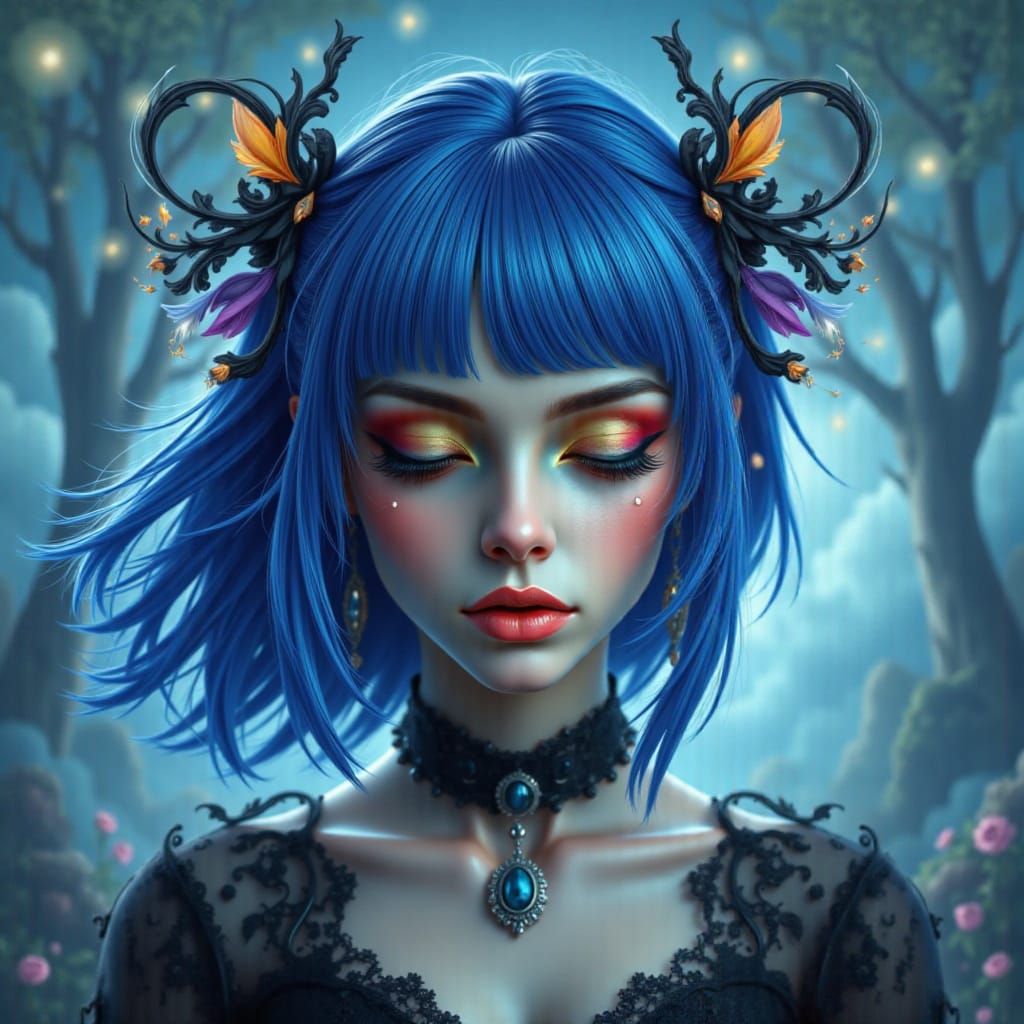 <lora:Goth-punk:1.0> Airbrush art. A surreal dreamscape portrait of a woman with flowing, ethereal hair made of stardust and nebulae. Her ey...