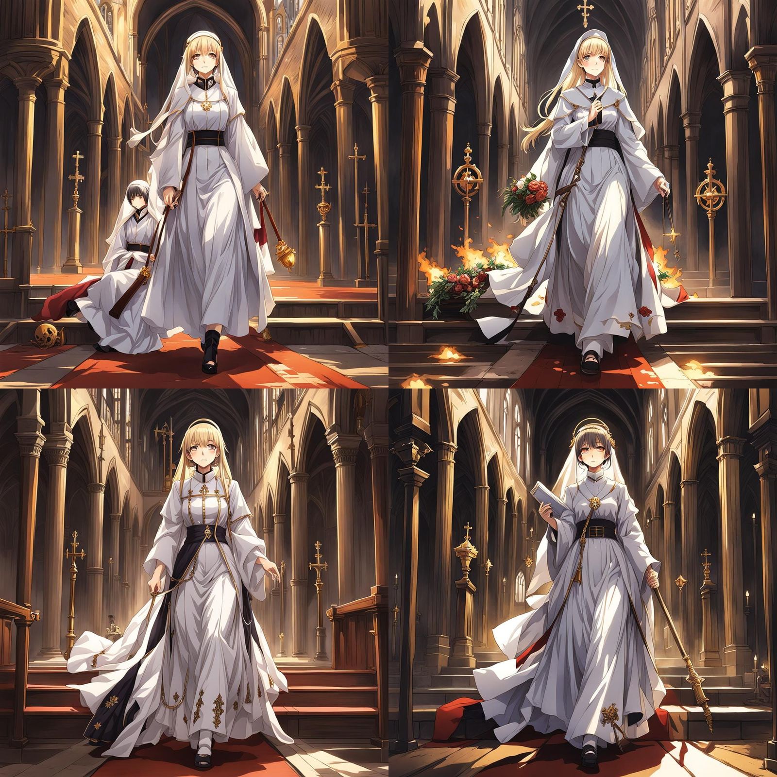 Priest woman dragging two lifeless Bodies toward a church