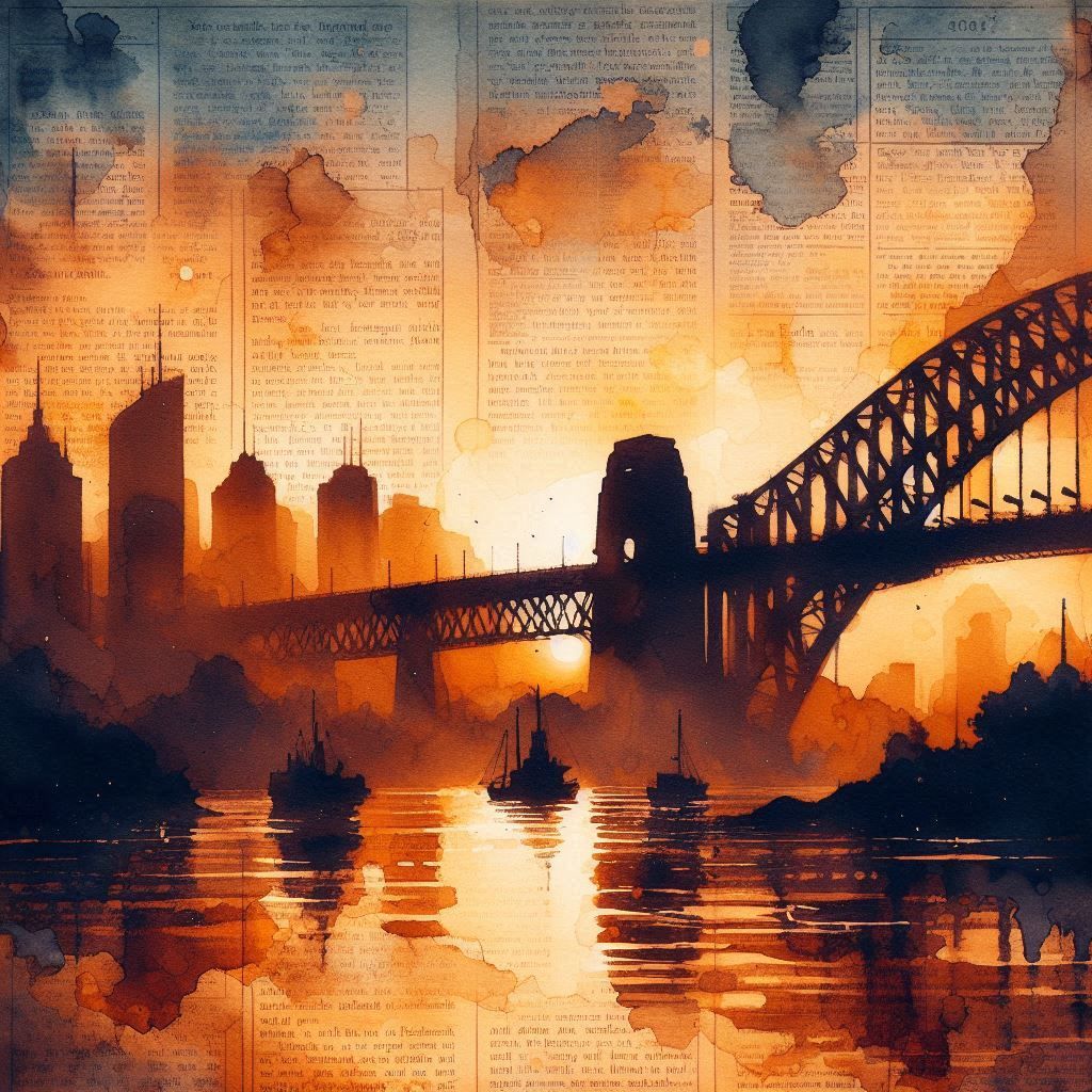 Sydney, ink and paint on newspaper