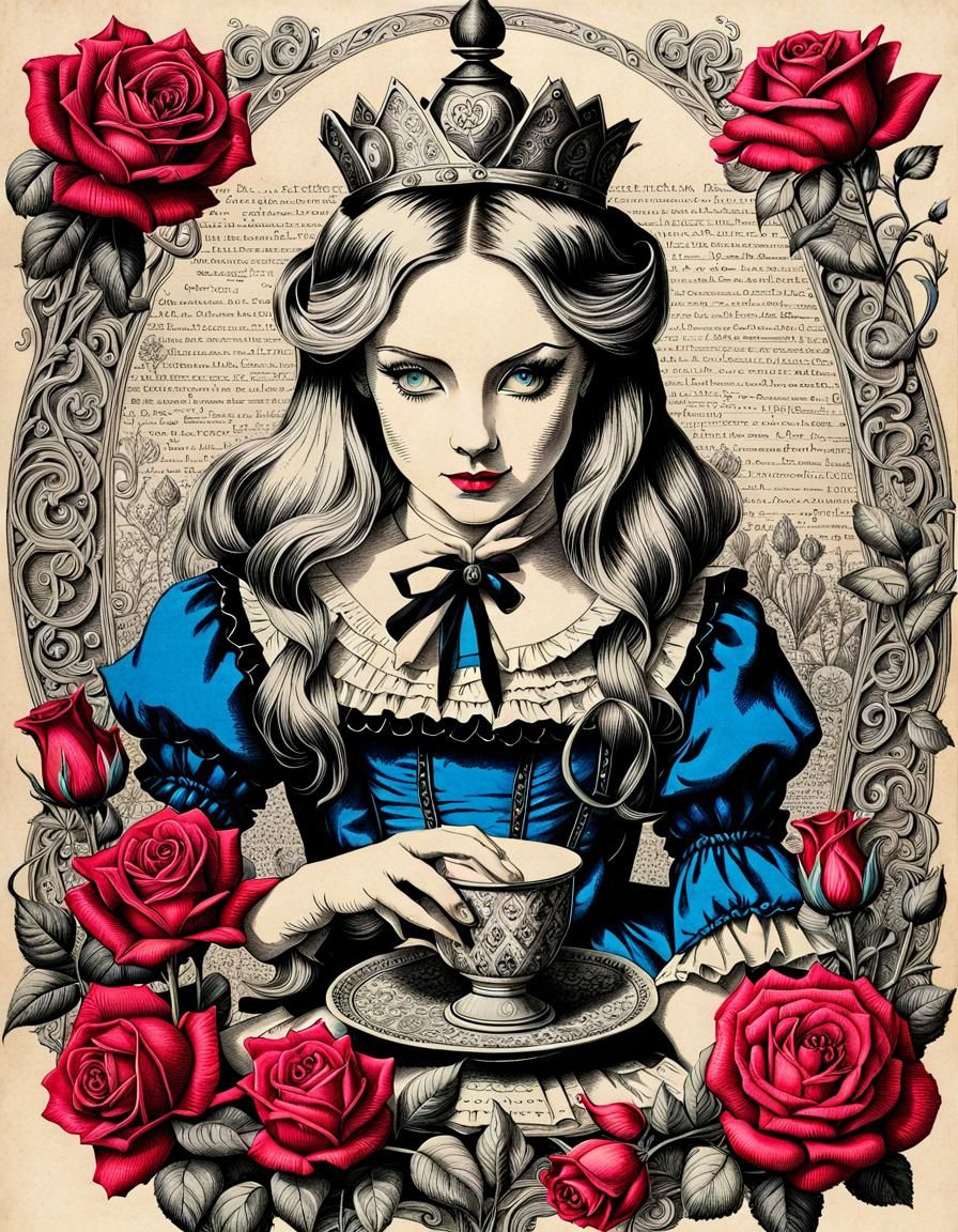 an intricate pen and ink drawing of Alice in wonderland on vintage ...