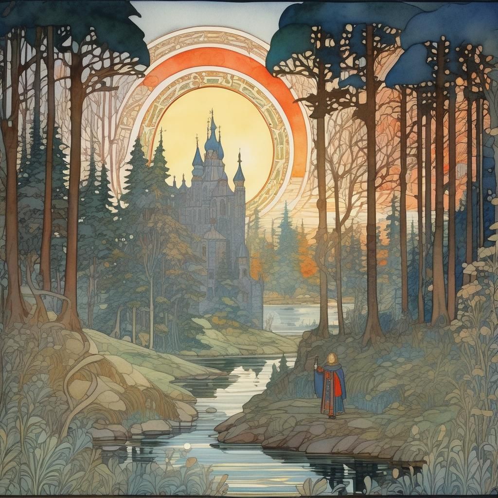 Arthurian fairytale scene set in an occult wonderland, Perci...