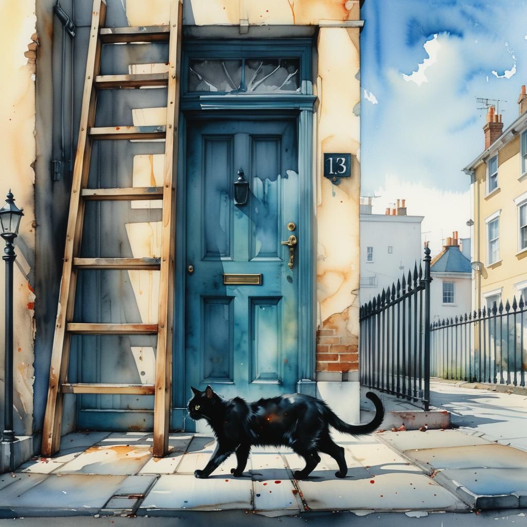 Watercolor painting of a black cat walks by wooden ladder placed in front of house number 13  by @Fokje