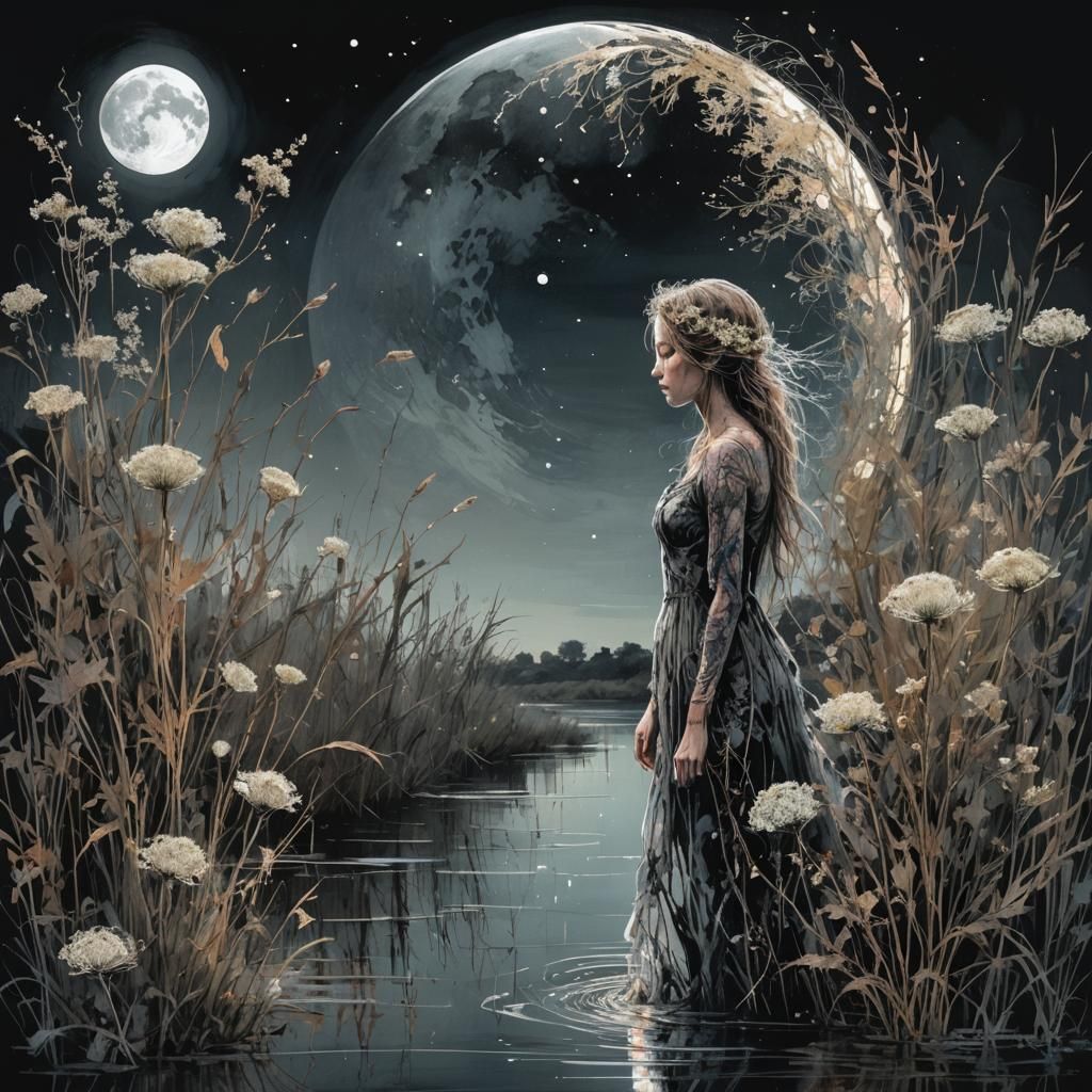 Woman wading into the cool water of the river under moon lig...