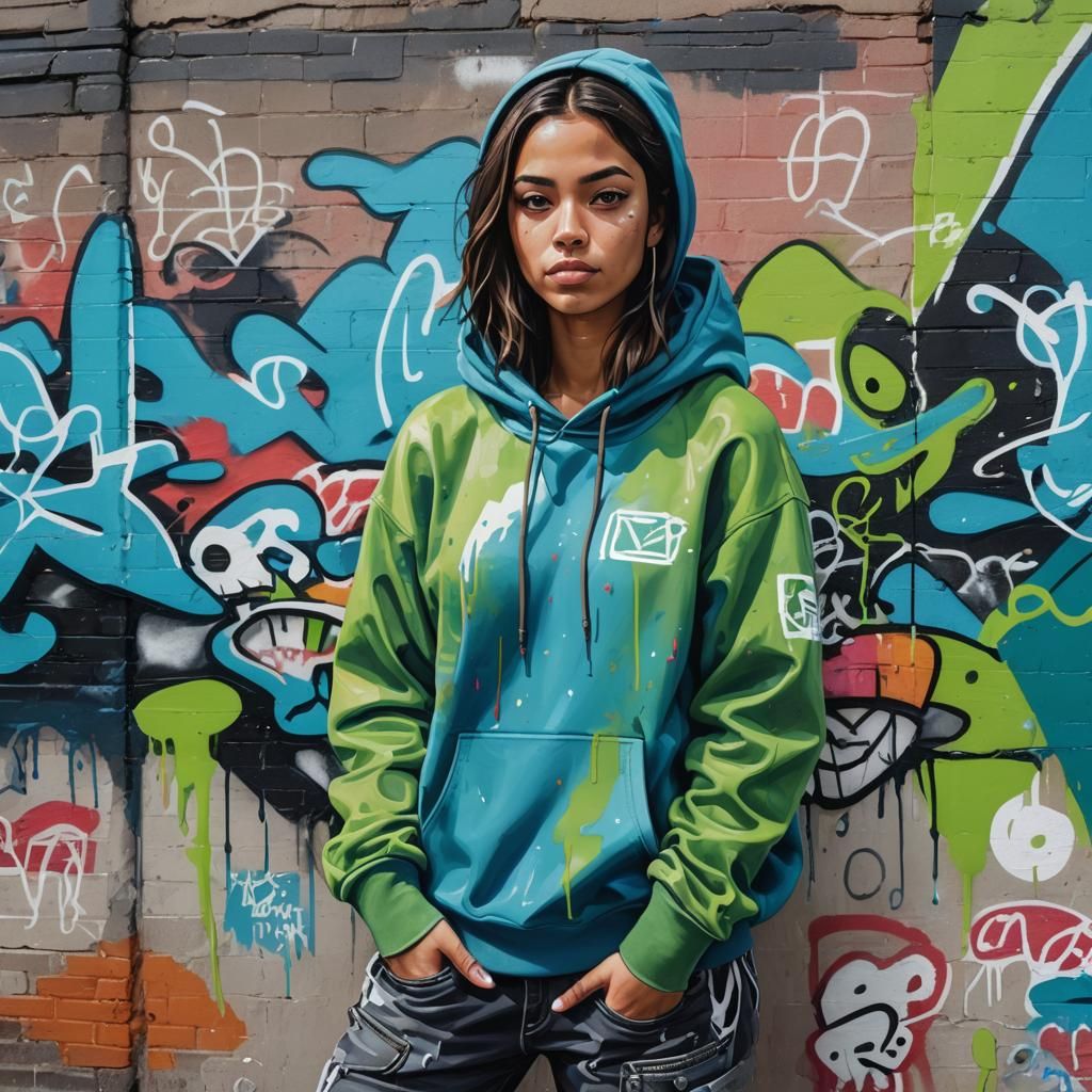 Portrait of a young latina girl surfing the internet. Wearing a blue and green oversized hoodie jersey and cargo pants