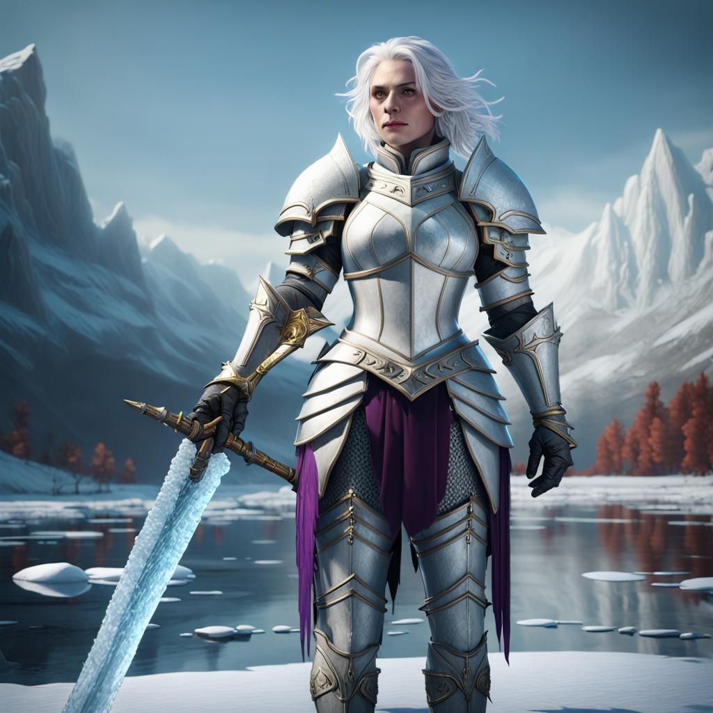 white hair female knight, white armor, holding an ice sword, standing ...