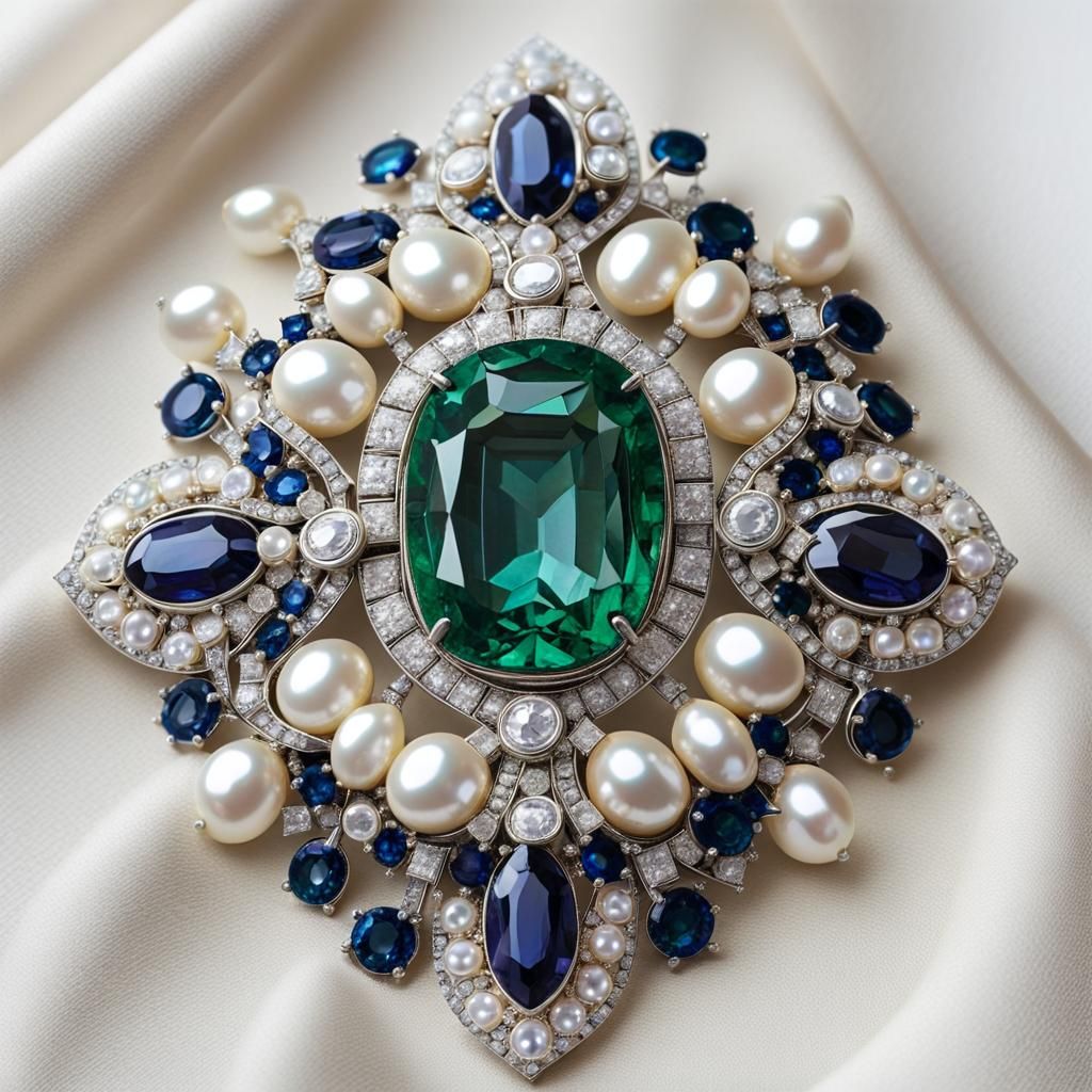 An exquisite large oval brooch, with emerald, precious stone...