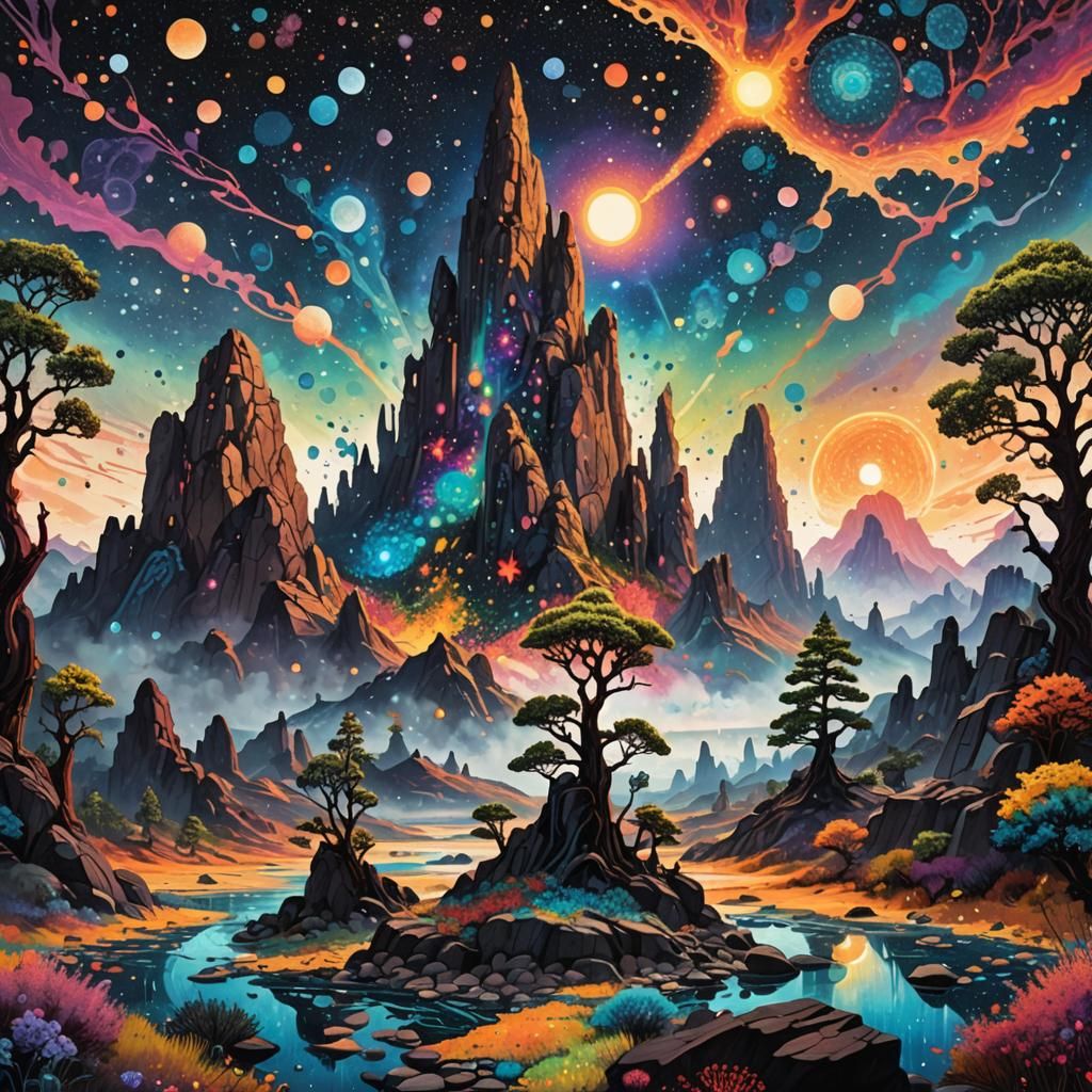 A surreal alien landscape in pointilism