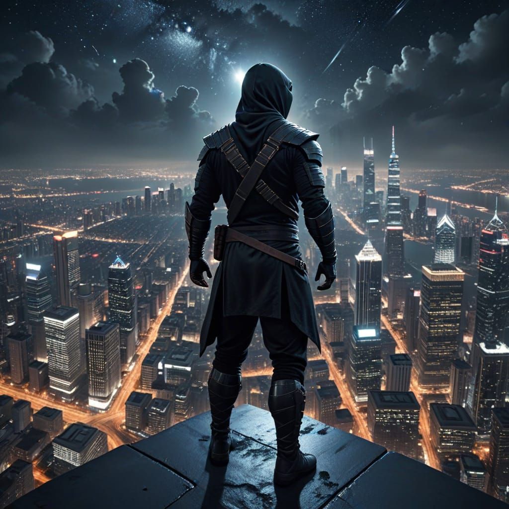 Ninja Warrior Gazing at Stars from Skyscraper