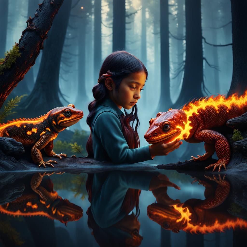 Little girl and her fiery salamanders  by @Ebroin