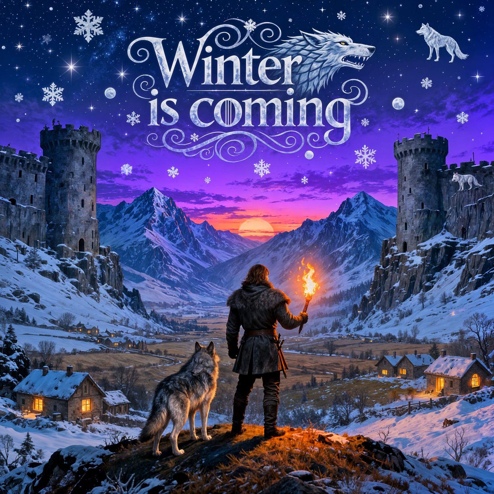 Game of Thrones Winter Landscape with Jon Snow and Wolf