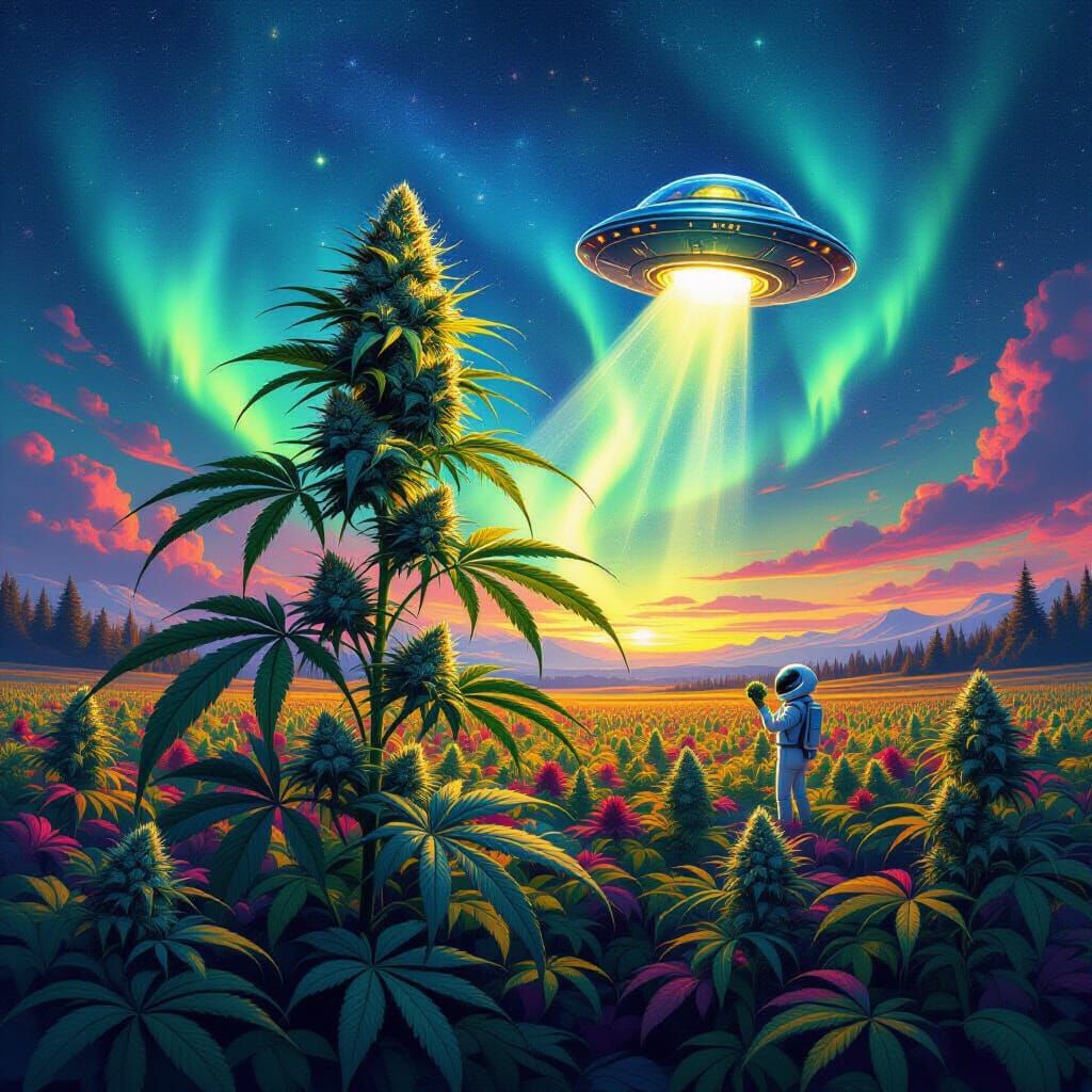 A lone astronaut stands on a desolate alien planet, gazing at a colossal, bioluminescent nebula in the night sky. The landscape is dotted wi...