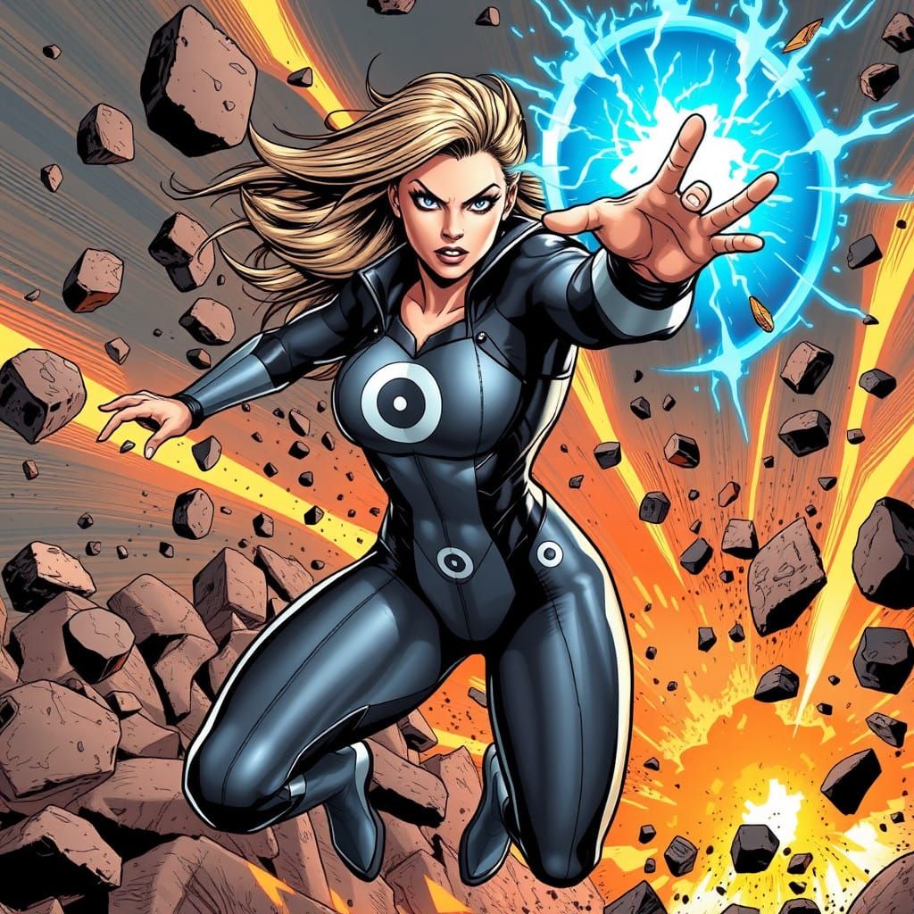 a dynamic Marvel-style comic illustration of a female superhero in action, featuring bold, high-energy ...  by @Umz