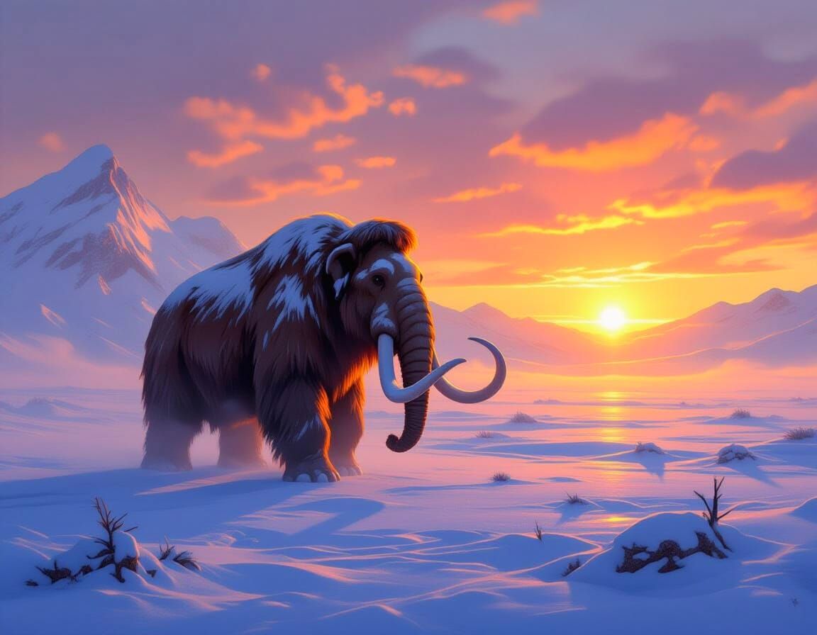A grand digital painting of a lone woolly mammoth traversing a misty tundra at sunrise, rising sun rays ...  by @Kosh