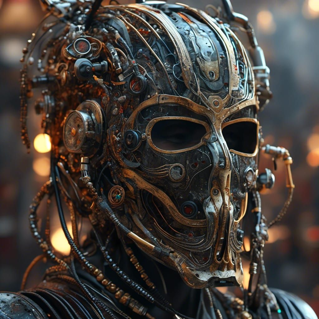 <lora:MJ6 Masks:1.0> A mask combining organic and mechanical elements, with wires, circuitry, and robotic features melded seamlessly with f...