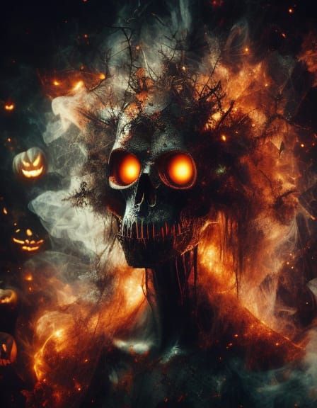 Halloween portrait, dark witch spirit portrait, glowing runes horror creepy image, intricate HDR CGI VFX, perfect flawless professional phot...