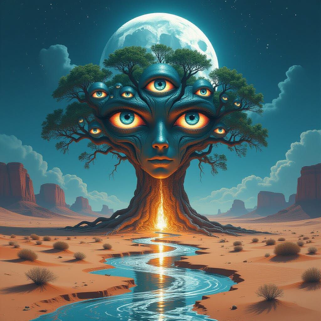 
"An endless desert made of shattered mirrors reflecting a thousand alternate realities. In the center, a colossal tree made of human eyes a...