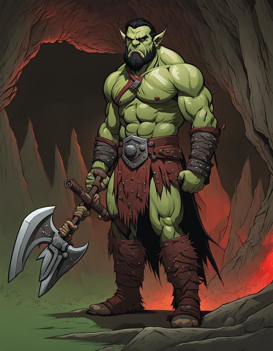 extremely muscular, rugged male orc barbarian, with orc tusk...