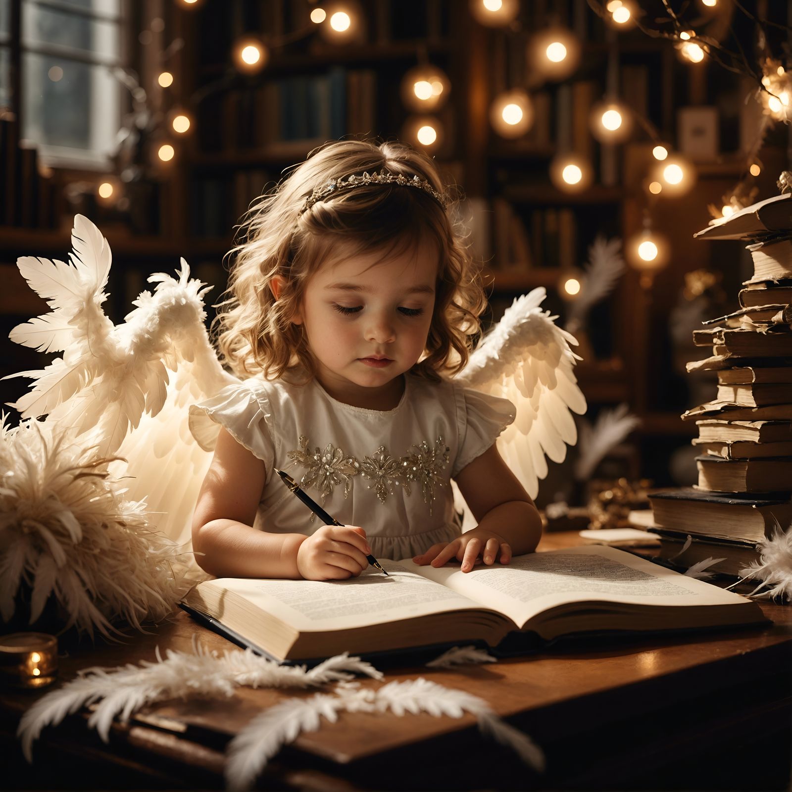 <lora:Art Prompt Share:1.0> The image shows a toddler girl dressed as an angel, surrounded by feathers and sitting at a cluttered desk in a...