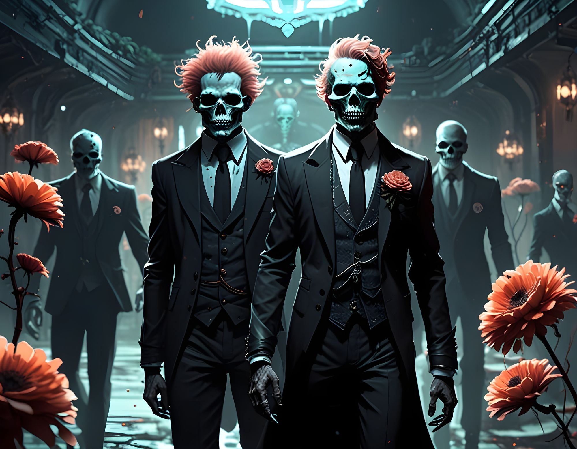 Zombie Prom Night: the prom back from the grave — stylish undead dancers and creepy corsages enjoying the event cheerfully
