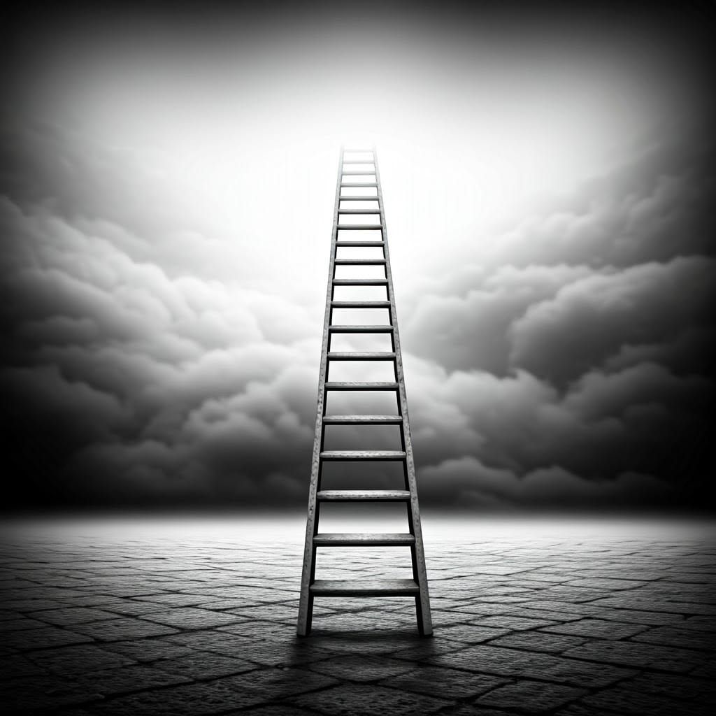 Weathered Ladder Ascends into the Clouds