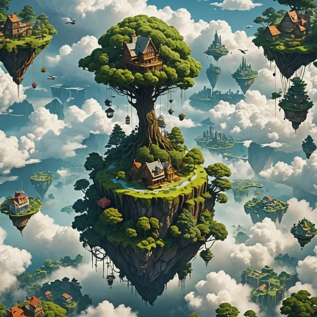 A single Floating island in the clouds with a city on it, on...