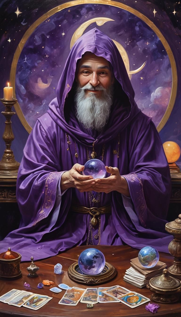 Benevolent Wizard with Crystal Ball in Neo-Impressionist Sty...