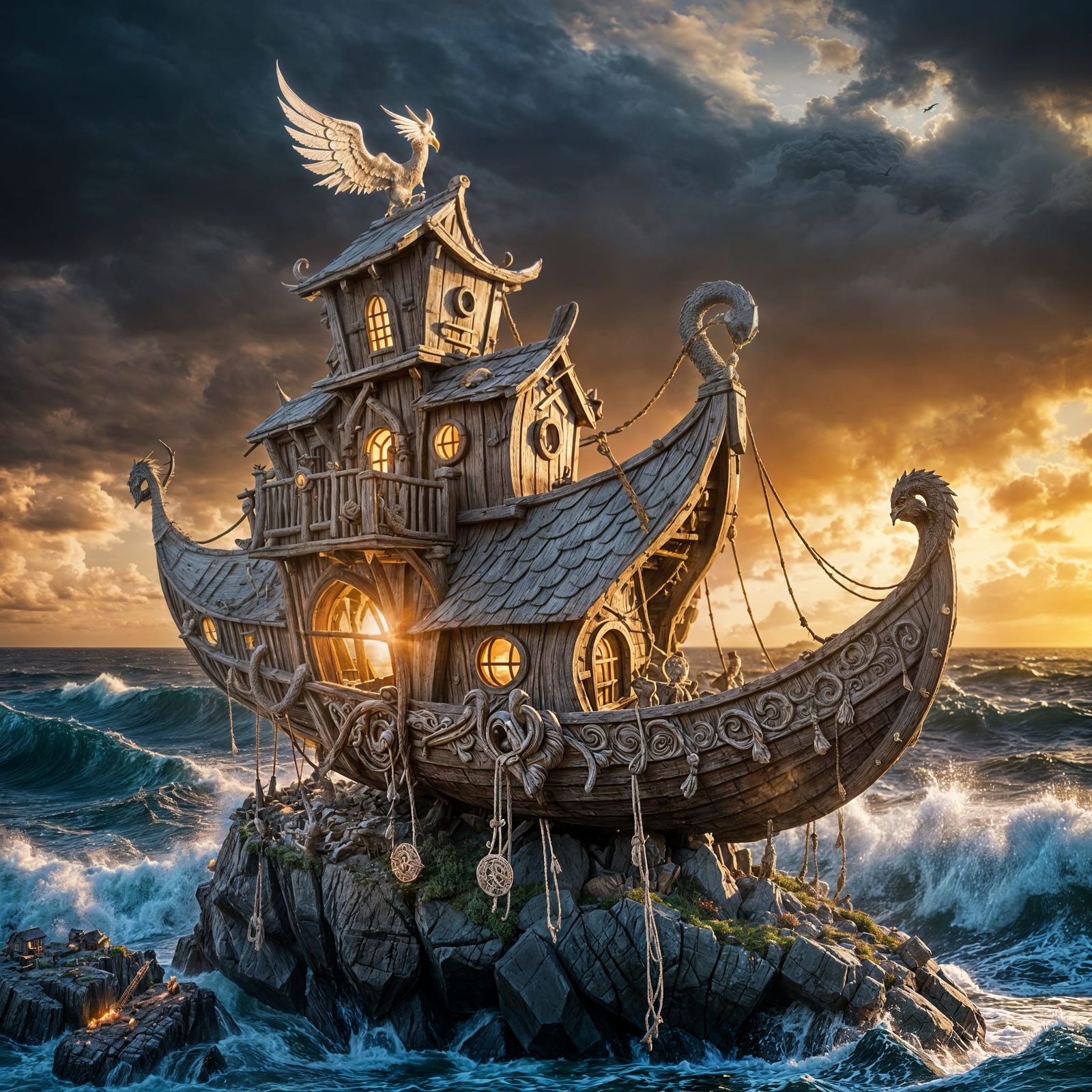 A birdhouse shaped like a miniature viking longship, perched on a rocky cliff overlooking a stormy sea.