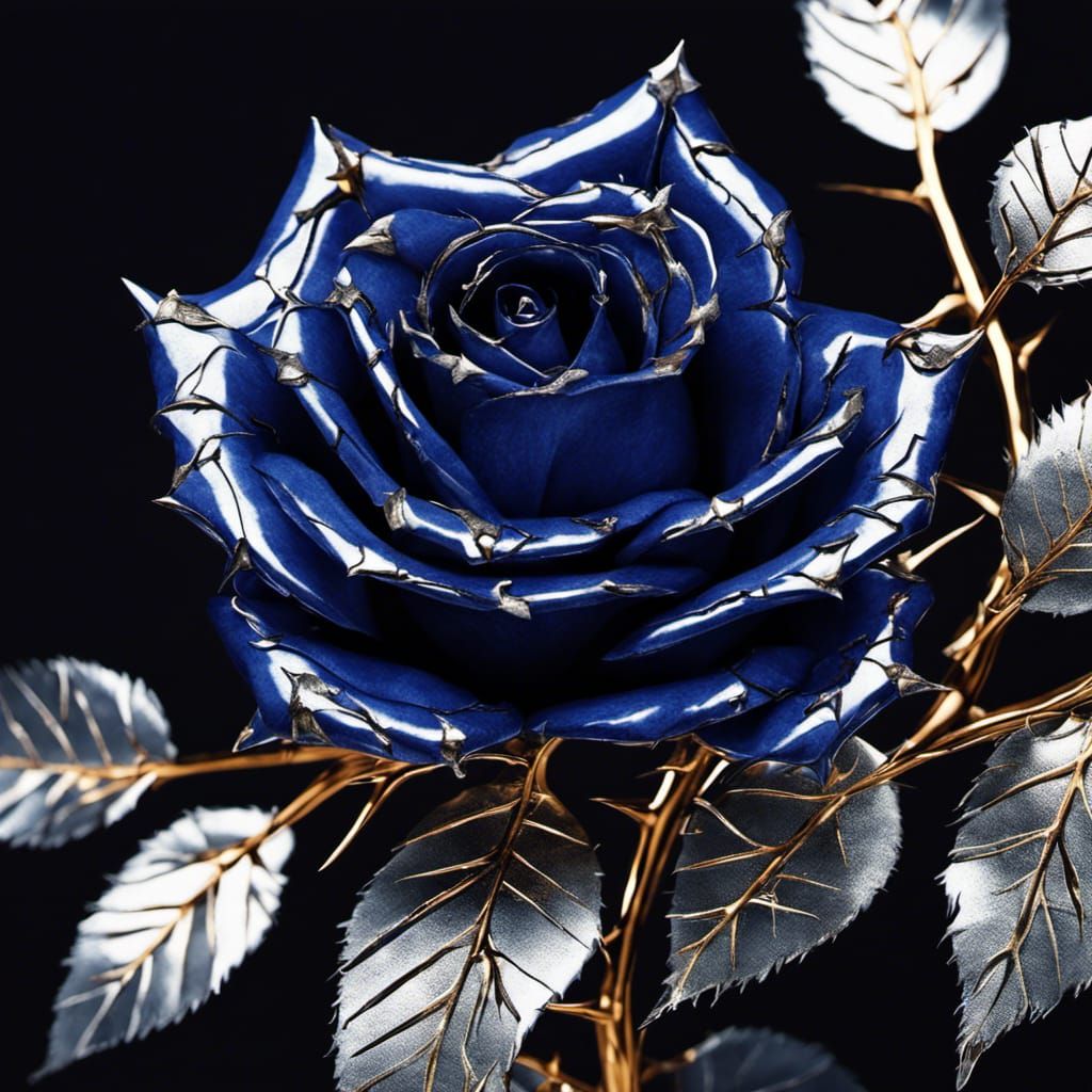 Sapphire Rose with Silver leaves and Gold Thorns - AI Generated Artwork ...