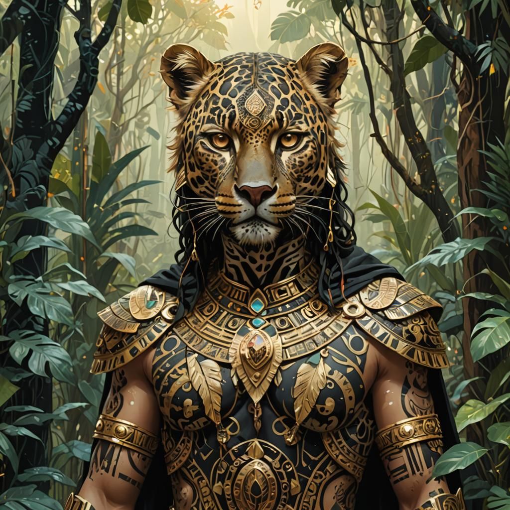 aztec warrior leopard, standing in the jungle, wearing a black cape, golden outlines, highly detailed, intricate motifs, organic tracery, pe...