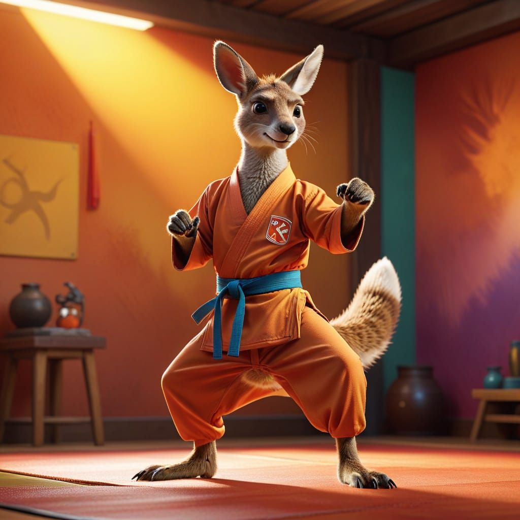 Karate Kangaroo! In the dojo, dynamic pose! Other animals watch from the background, bright colored background,. ...  by @Bug Artist