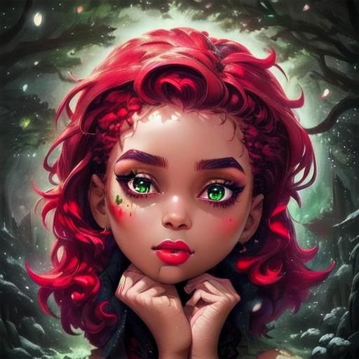 <lora:Eunhagye Bijeon:1.0>,, Goth Beautiful Woman, Short Curly Red Hair, Green Multilayered Eyes, Sharp Eyebrows, Forest, Snow, detailed hea...