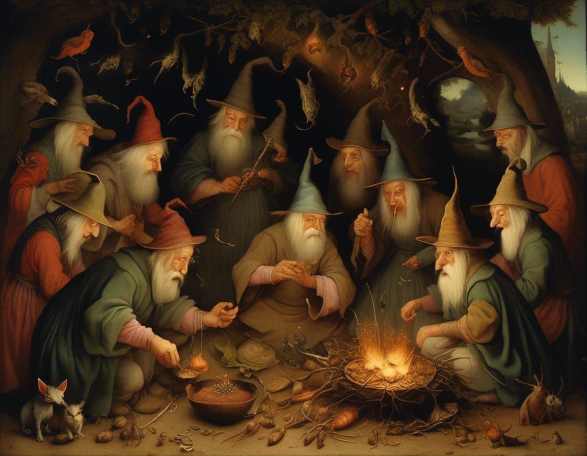 <lora:NC Hyperreal:1.0> Hieronymus Bosch style: Wizards gath...