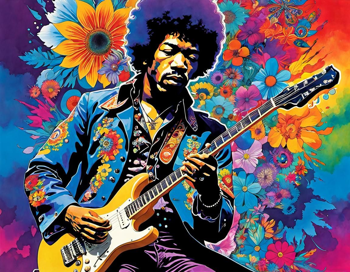 Jimi Hendrix playing guitar  by @Imaginarium