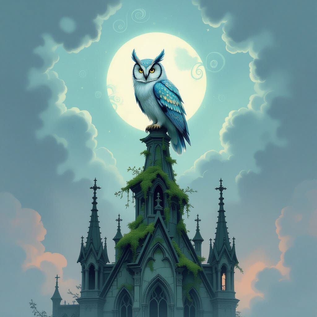 No-Theme Thursday. Whimsical fantasy concept art. Full shot. An enchanted owl with luminescent feathers perched atop a decaying, moss-covere...