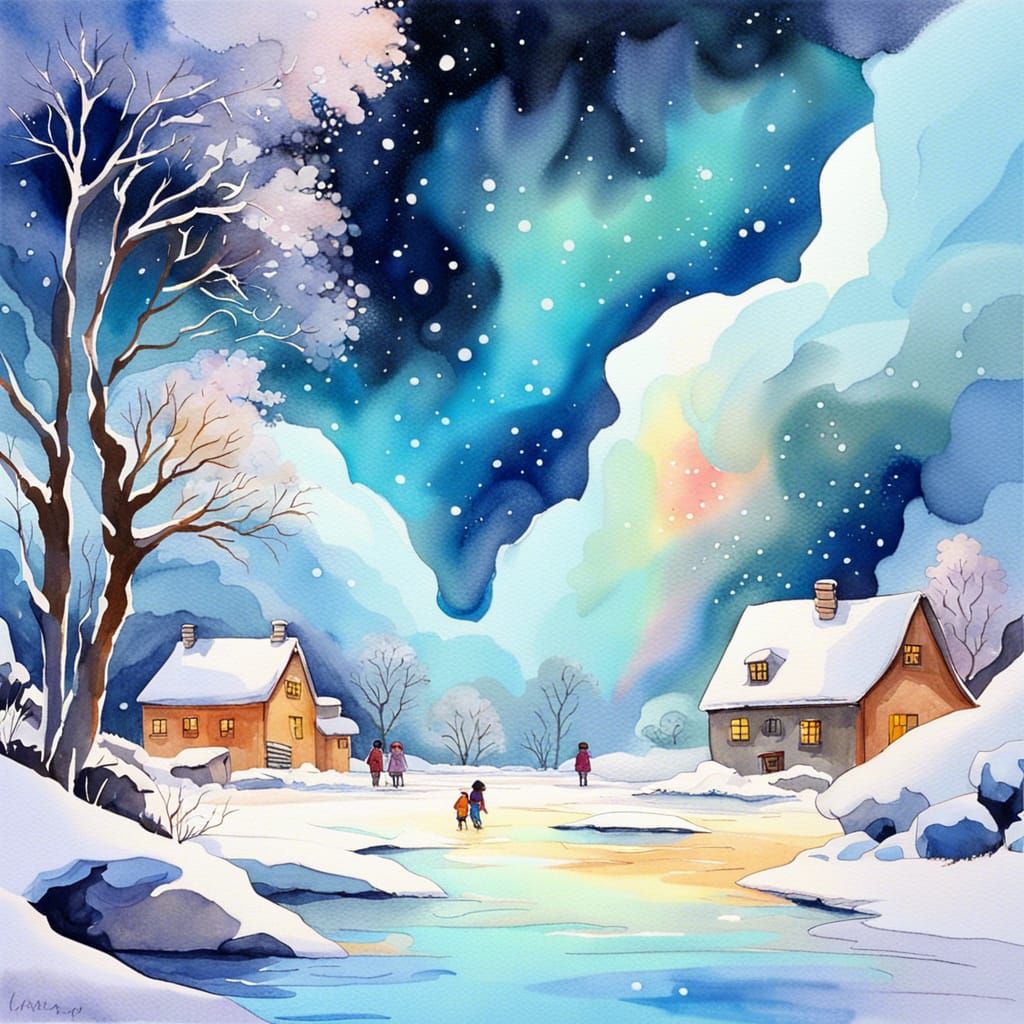 Snowy River Savannah Under Nebula Sky, Ghibli Watercolor
